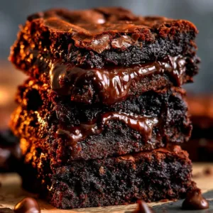 Delicious homemade fudgy brownies on a plate with chocolate drizzle