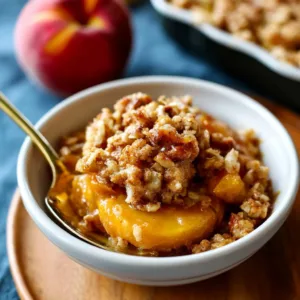 Delicious homemade peach crisp served in a bowl with a golden brown topping.