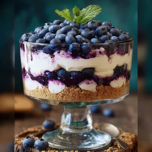 Delicious blueberry cheesecake trifle layered with fresh blueberries and creamy filling