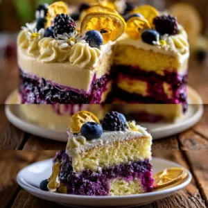 Delicious blueberry lemon cake topped with fresh blueberries and lemon zest.