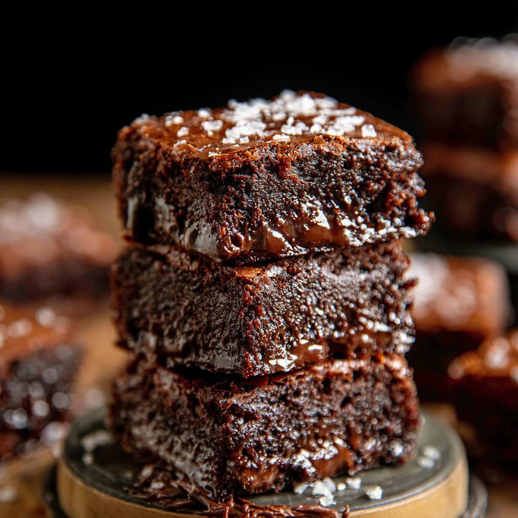 Delicious brown butter fudgy brownies on a white plate with chocolate drizzle