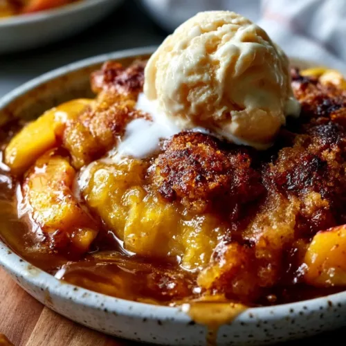 Brown Butter Peach Cobbler dessert served warm with ice cream.