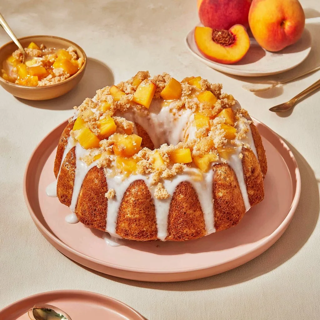 Homemade Brown Sugar Peach Cake topped with fresh peaches and brown sugar glaze