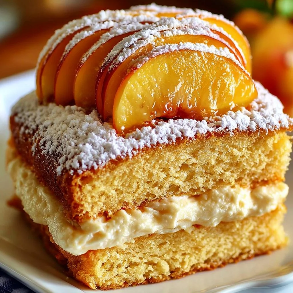 Delicious brown sugar peach cake topped with fresh peach slices and a golden crust.