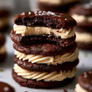 Delicious brownie cookie sandwiches stacked on a plate