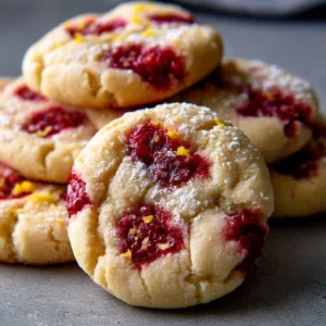 Chewy lemon raspberry cookies on a plate with fresh raspberries and lemon slices
