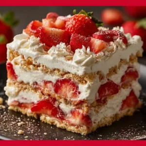 Delicious chilled strawberry icebox cake served with fresh strawberries