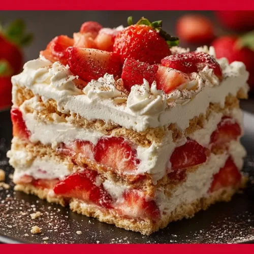 Delicious chilled strawberry icebox cake served with fresh strawberries