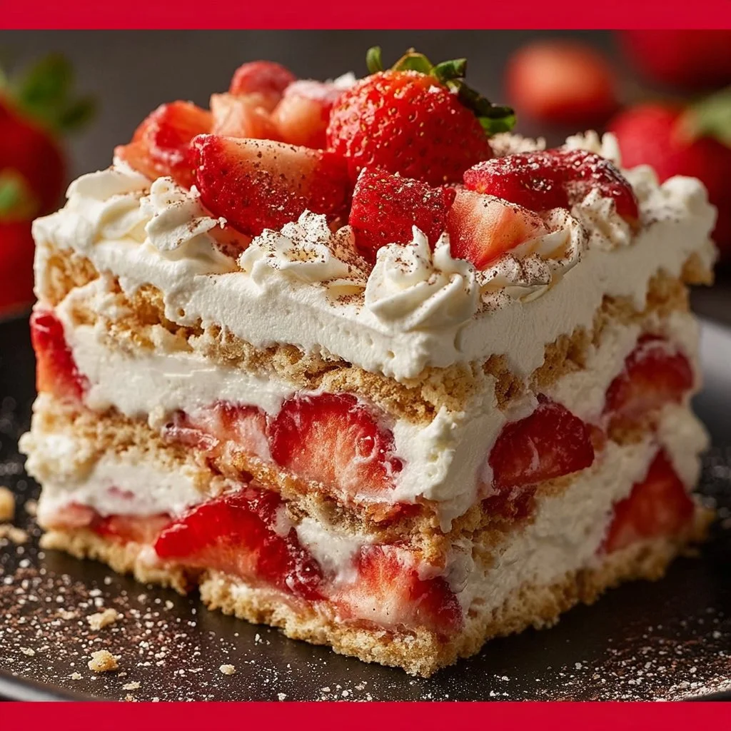 Delicious chilled strawberry icebox cake served with fresh strawberries