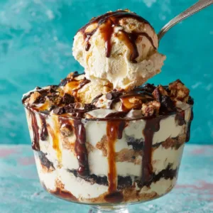 Delicious chocolate brownie trifle layered with cream and chocolate sauce
