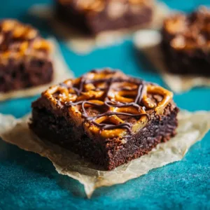 Chocolate Caramel Pretzel Brownies topped with caramel and pretzel pieces