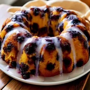 Classic Blueberry Sour Cream Pound Cake with fresh blueberries on a plate