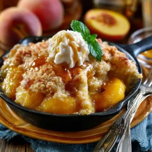 Delicious homemade classic Southern peach cobbler served in a rustic dish