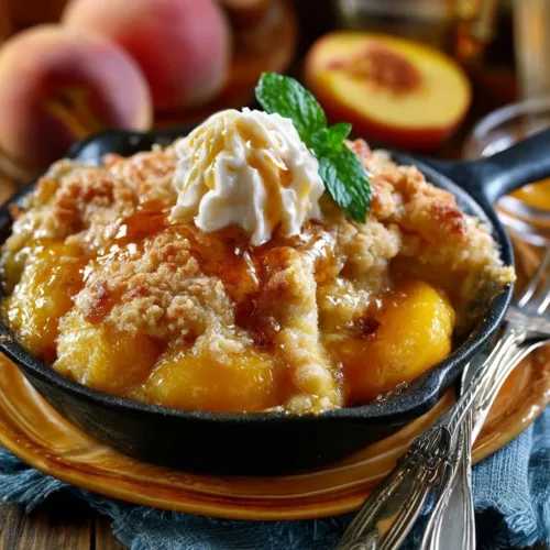 Delicious homemade classic Southern peach cobbler served in a rustic dish
