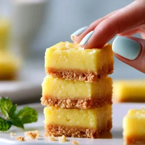 Delicious creamy lemon squares topped with powdered sugar.