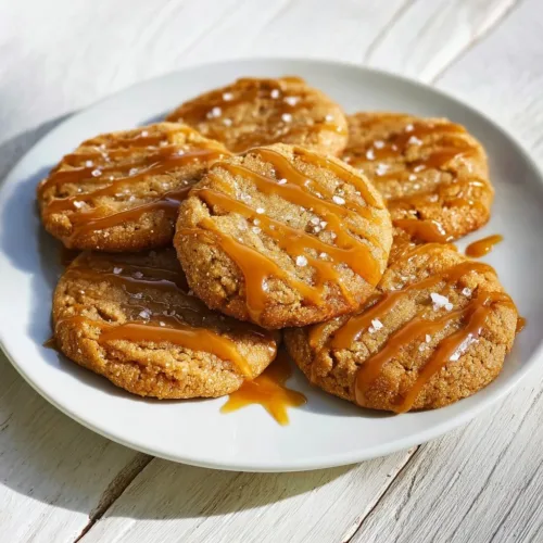 Platter of crispy salted caramel cookies with a sprinkle of sea salt