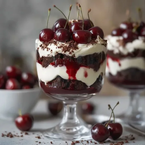 Decadent Black Forest trifle with layers of chocolate, cream, and cherries