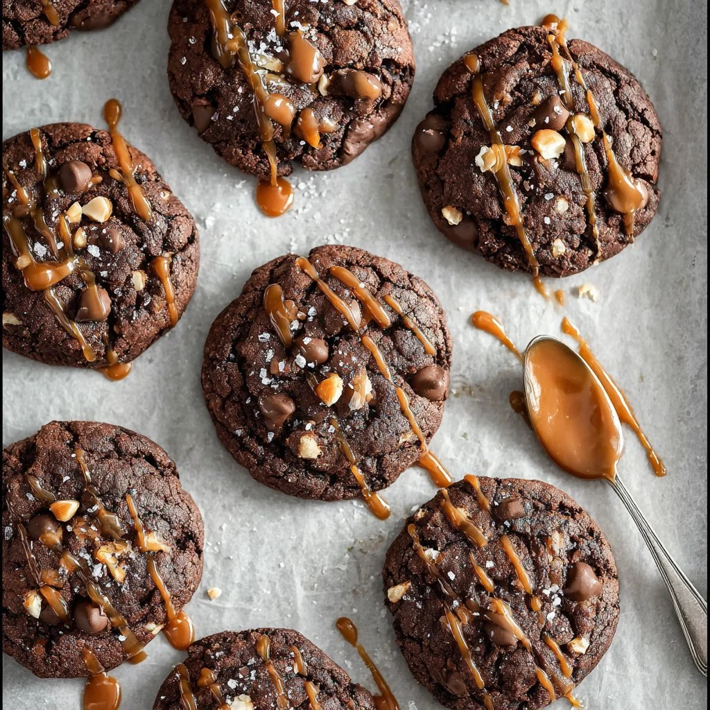 Delicious double chocolate salted caramel cookies on a plate
