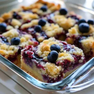 Easy blueberry pie bars topped with fresh blueberries and a flaky crust.