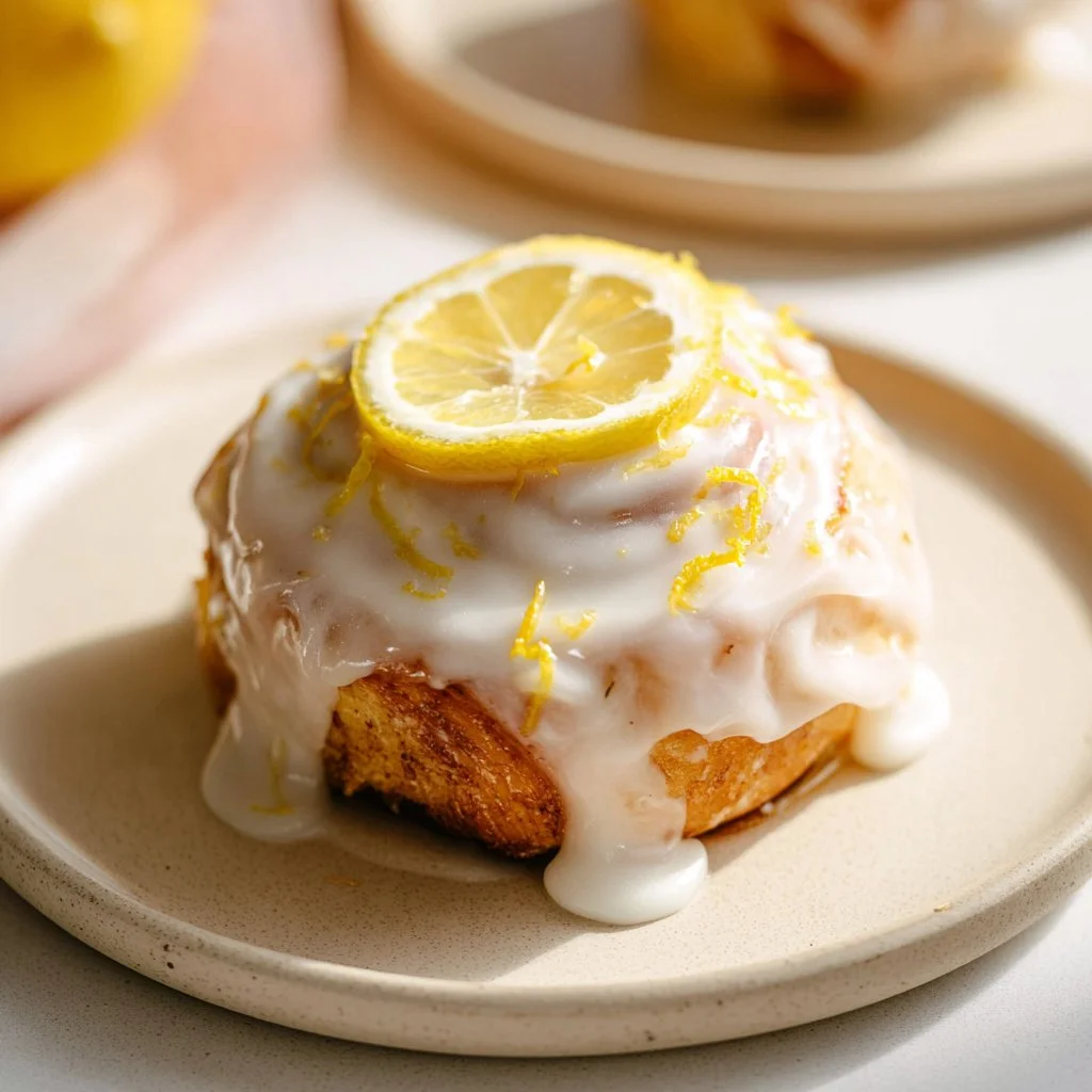 Tray of easy Lemon Sweet Rolls drizzled with lemon glaze