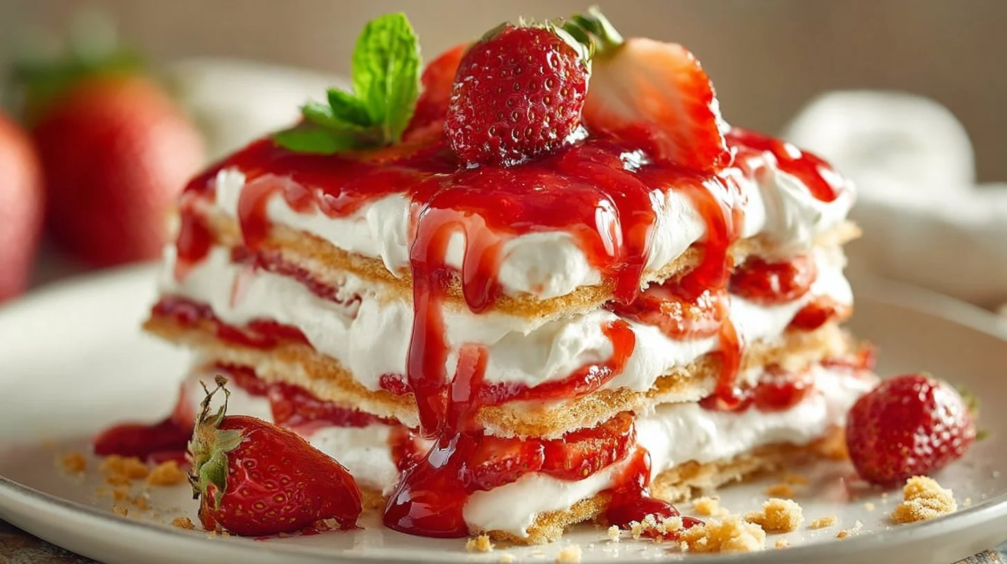 No-bake strawberry lasagna dessert with layers of strawberries and cream