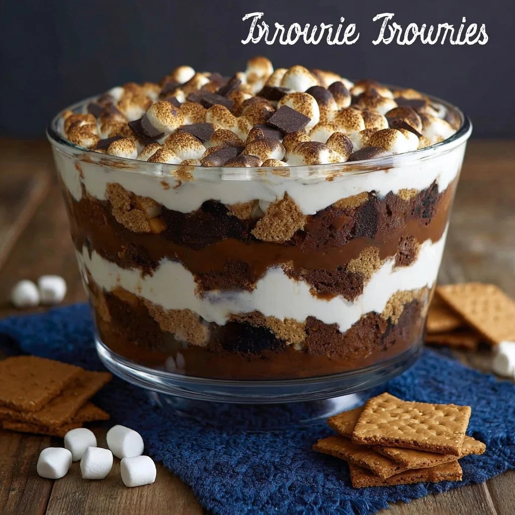 Delicious easy Smores Trifle dessert served in a glass bowl with layers of chocolate, marshmallows, and graham crackers.