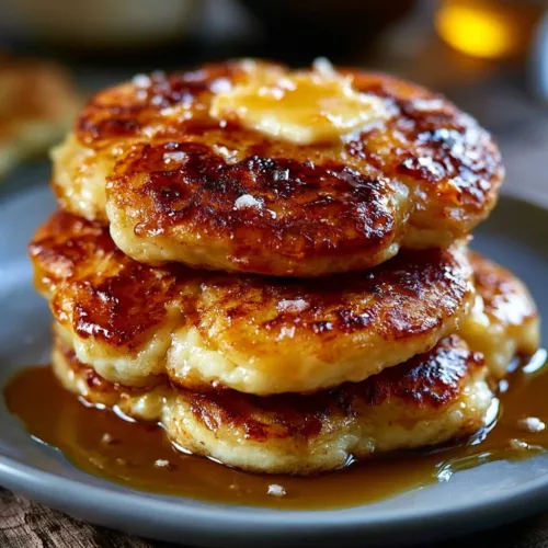 Fluffy sourdough cinnamon roll pancakes stacked on a plate with syrup