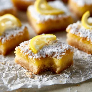 Delicious homemade lemon bars on a white plate, garnished with powdered sugar.