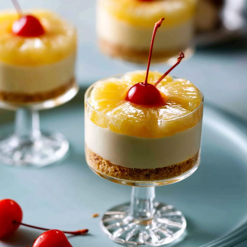 Delicious Hawaiian pineapple cheesecake cups topped with fresh pineapple slices