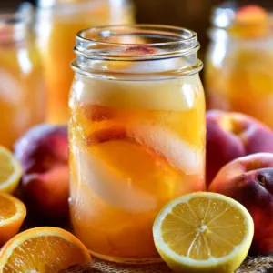 Refreshing homemade peach lemonade served in a glass with peaches and lemon slices.