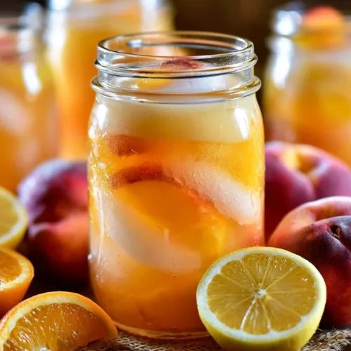 Refreshing homemade peach lemonade served in a glass with peaches and lemon slices.