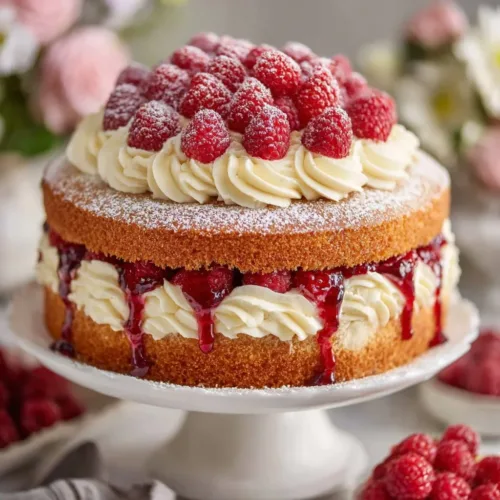 Delicious Honey Raspberry Cake topped with fresh raspberries and honey glaze.