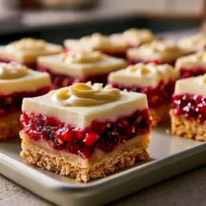 Delicious rhubarb bars with creamy cream cheese frosting on a white plate