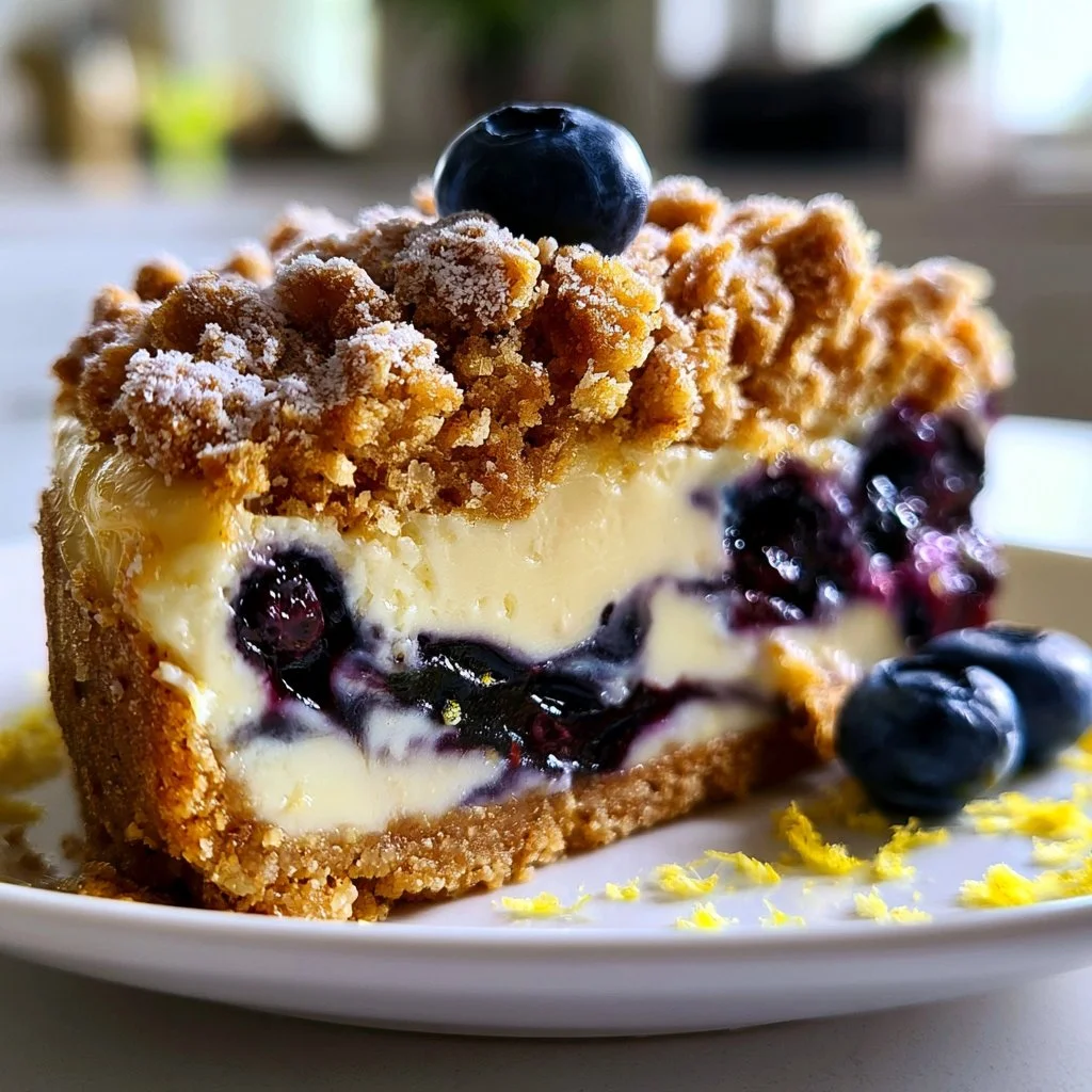 Lemon Blueberry Dream Cheesecake Delight topped with blueberries and lemon zest