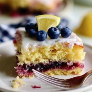 Lemon blueberry sheet cake with fresh blueberries and lemon zest on a platter