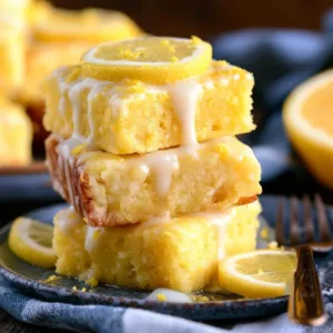 Delicious homemade Lemon Brownies served on a plate with a lemon wedge.
