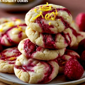 Freshly baked Lemon Raspberry Cookies with lemon zest and raspberry toppings