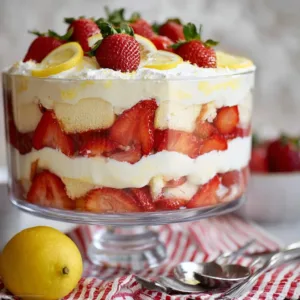 Delicious lemon strawberry trifle dessert in a glass dish with layers of strawberries and cream