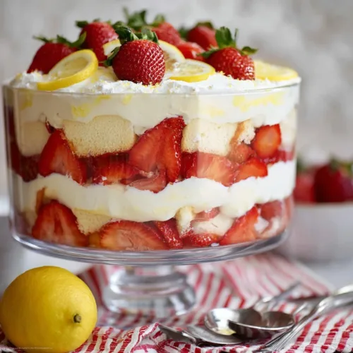 Delicious lemon strawberry trifle dessert in a glass dish with layers of strawberries and cream