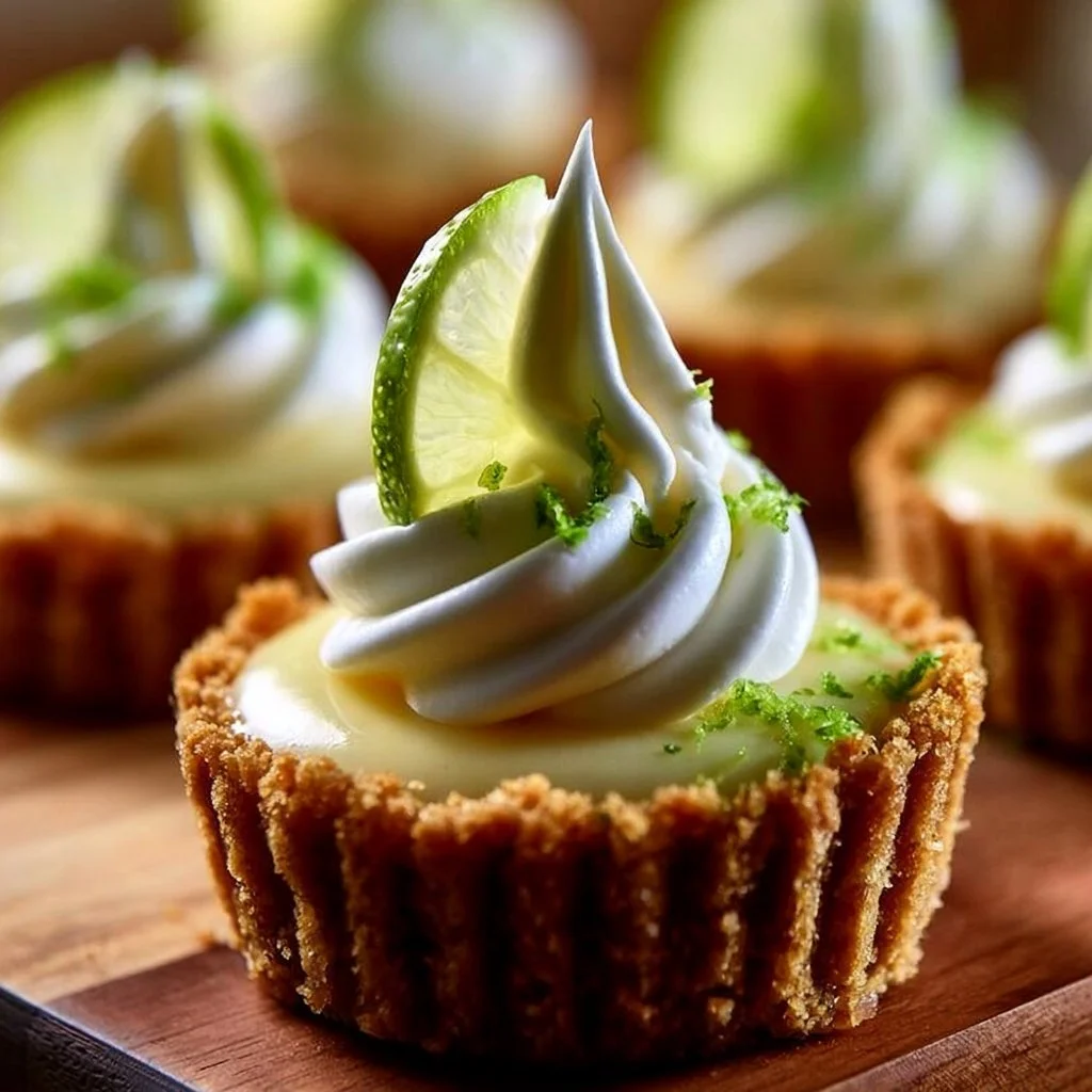 Mini key lime cheesecakes topped with whipped cream and lime zest