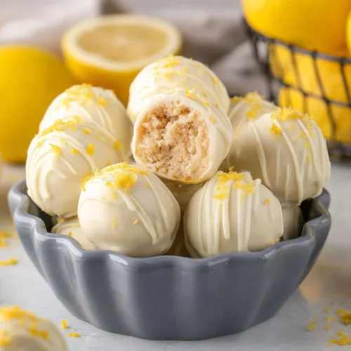 No-bake lemon Oreo balls decorated with lemon zest and white chocolate.