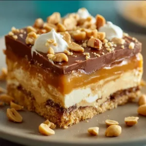 Delicious no-bake Peanut Butter Lasagna dessert with layers of peanut butter cream.