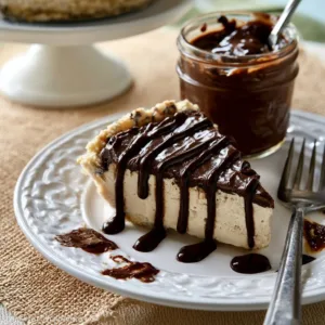Slices of no-bake peanut butter pie on a white plate with a fork