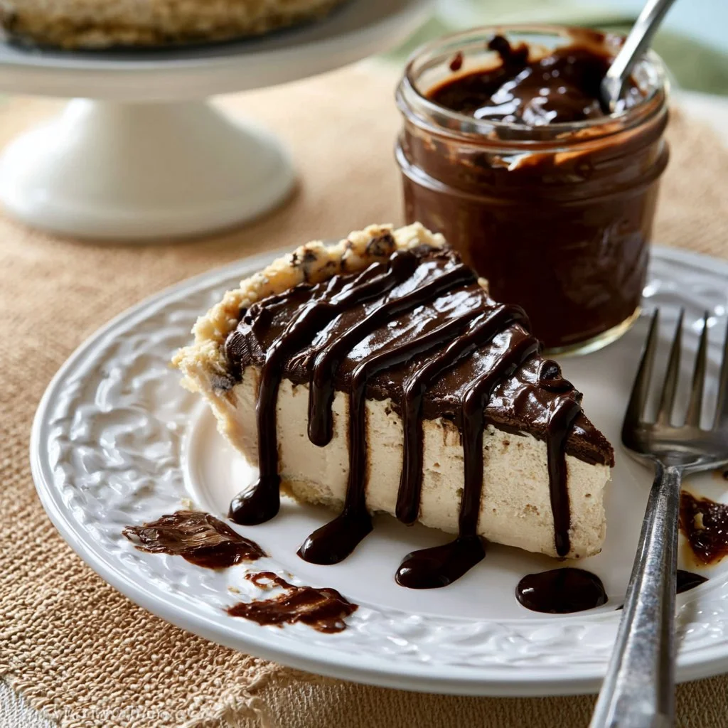 Slices of no-bake peanut butter pie on a white plate with a fork