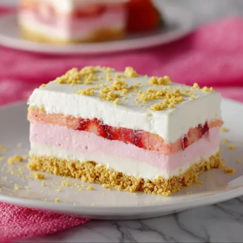 No-Bake Strawberry Delight dessert in a glass with fresh strawberries