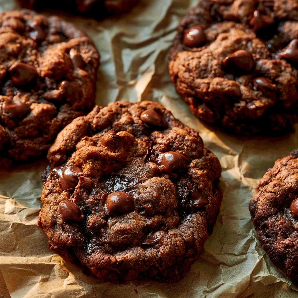One Bowl Sourdough Discard Brownie Cookies fresh from the oven on a cooling rack.
