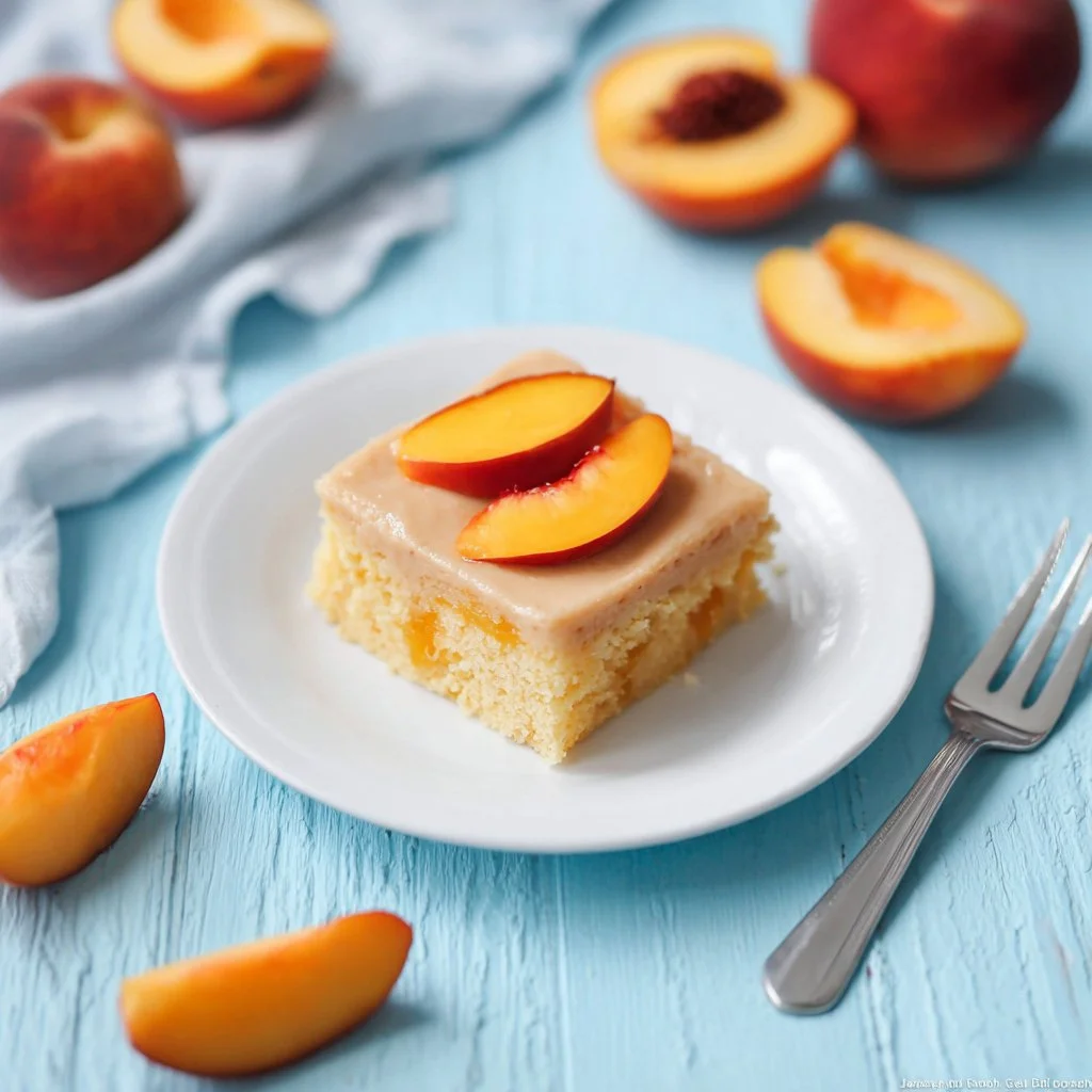 Homemade peach cake topped with brown sugar frosting on a white plate