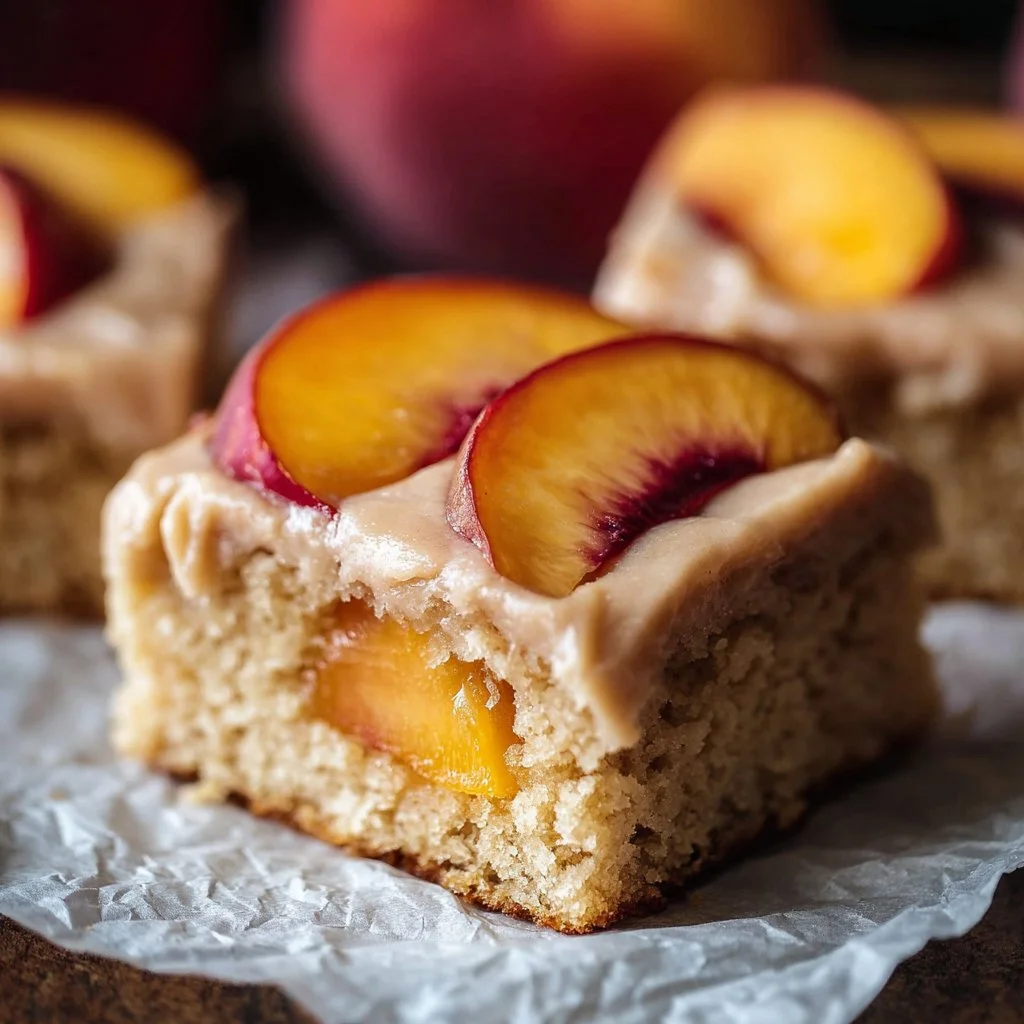 Peach cake with brown sugar frosting sliced on a plate