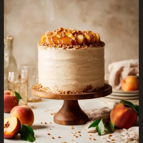 Delicious slice of Peach Cobbler Cake topped with fresh peaches and whipped cream.