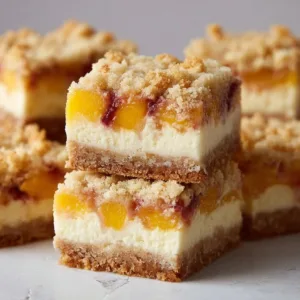 Peach Cobbler Cheesecake Bars for Summer Parties 3 Peach Cobbler Cheesecake Bars topped with fresh peaches and cream